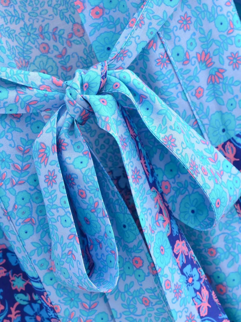 BOHO Women Blue With Pink Flower Print Kimono Shirt Holiday Tide Bow Sashes Mid Long Cardigan Summer Blouse Beach Cape