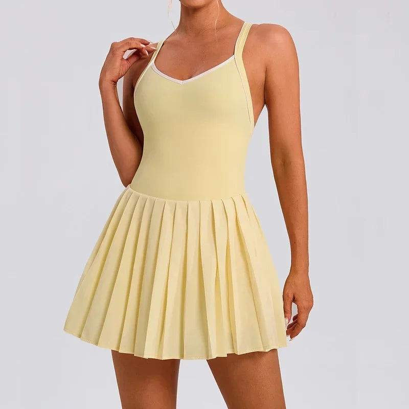 Women's Pleated Tennis Dress with Shorts Moisture-wicking Badminton Dress with Chest Pad Athletic Sports Outfit