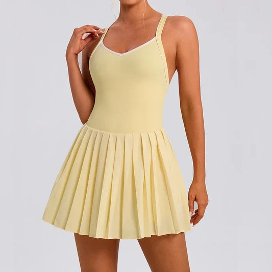 Women's Pleated Tennis Dress with Shorts Moisture-wicking Badminton Dress with Chest Pad Athletic Sports Outfit