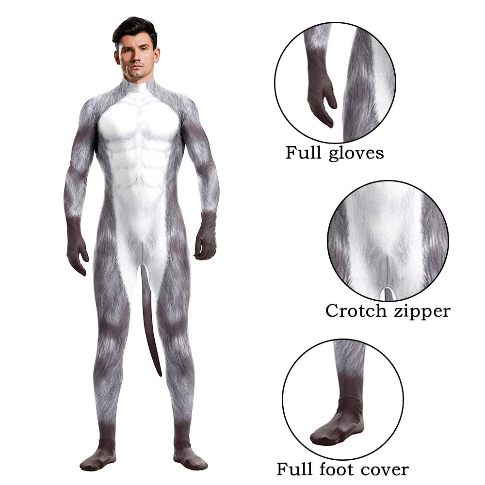 Halloween Cosplay Costume Male Adult Full Cover Elastic Zentai Pet Suit Jumpsuit Print Catsuit Bodysuits with Tail Purim Clothes