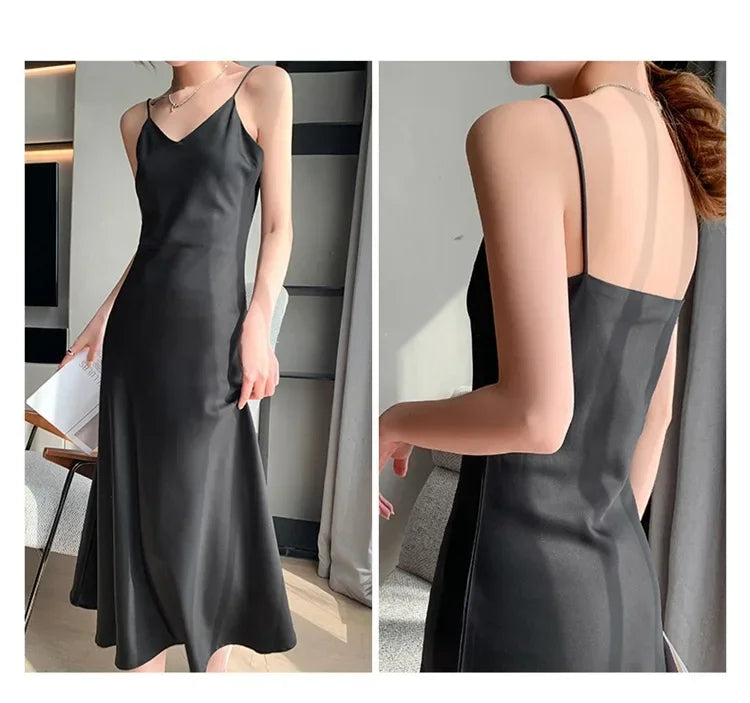 Silk V-neck Slim-fit Satin Dress Sexy Strap Long Gown for Women New 2025 Spring Summer Inner Wear Dress Elegant Lady Dress