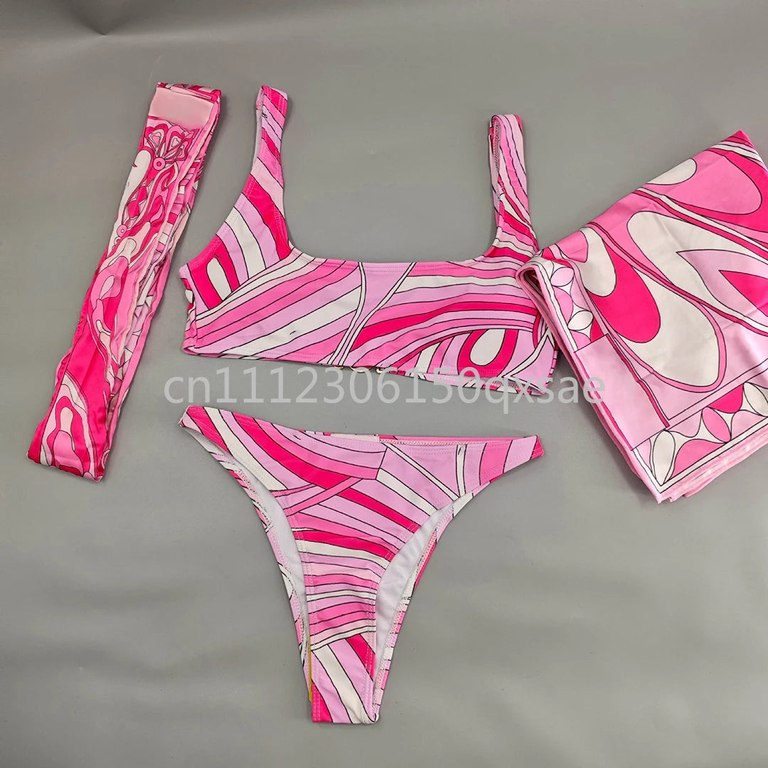 Women's Pink Headband Scarf Swimsuits with Letter Signature Logo Lady Headband Scarf Bikini Sets Beachwear Swimwear