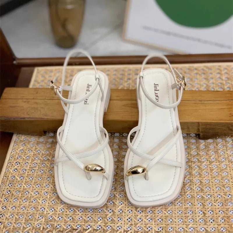 Sandals Women 2024 Summer New Fashion Square Toe Roman Shoes Simple Fairy Strap Women Shoes Flat Casual Shoe Sandalias De Mujer