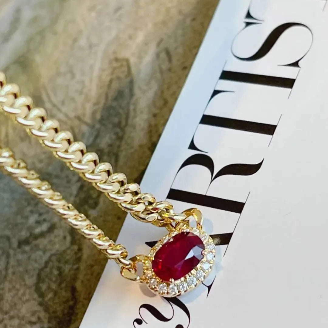 Luxury 14K Gold Plated 4MM Wide Snake Bone Chain Oval Ruby Gemstone Necklace for Women 925 Sterling Silver Fine Jewelry Gift