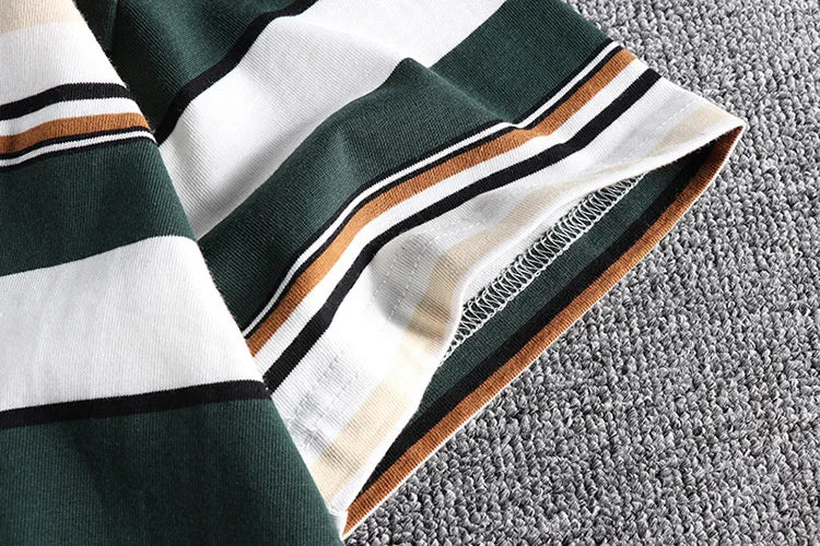 Summer Splicing Pure Cotton Stripe Short Sleeve T-shirt Streetwear Amekaji Heavyweight Casual Male Round Neck Tshirt Tops Tee