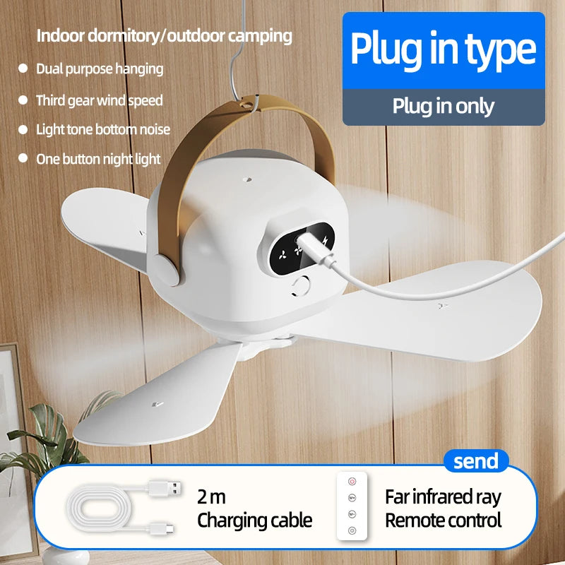 Portable Mini Ceiling Fans Outdoor Camping Fan Tent Ventilator Cooler Rechargeable Electric Fan Remote Control LED Lighting