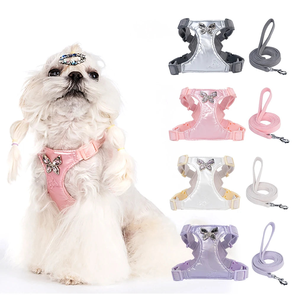 Luxury Dog Harness and Leash Set for Small Dogs, Elegant Mesh Vest Harness with Bow Tie, Perfect for Maltese Chihuahua Puppyl