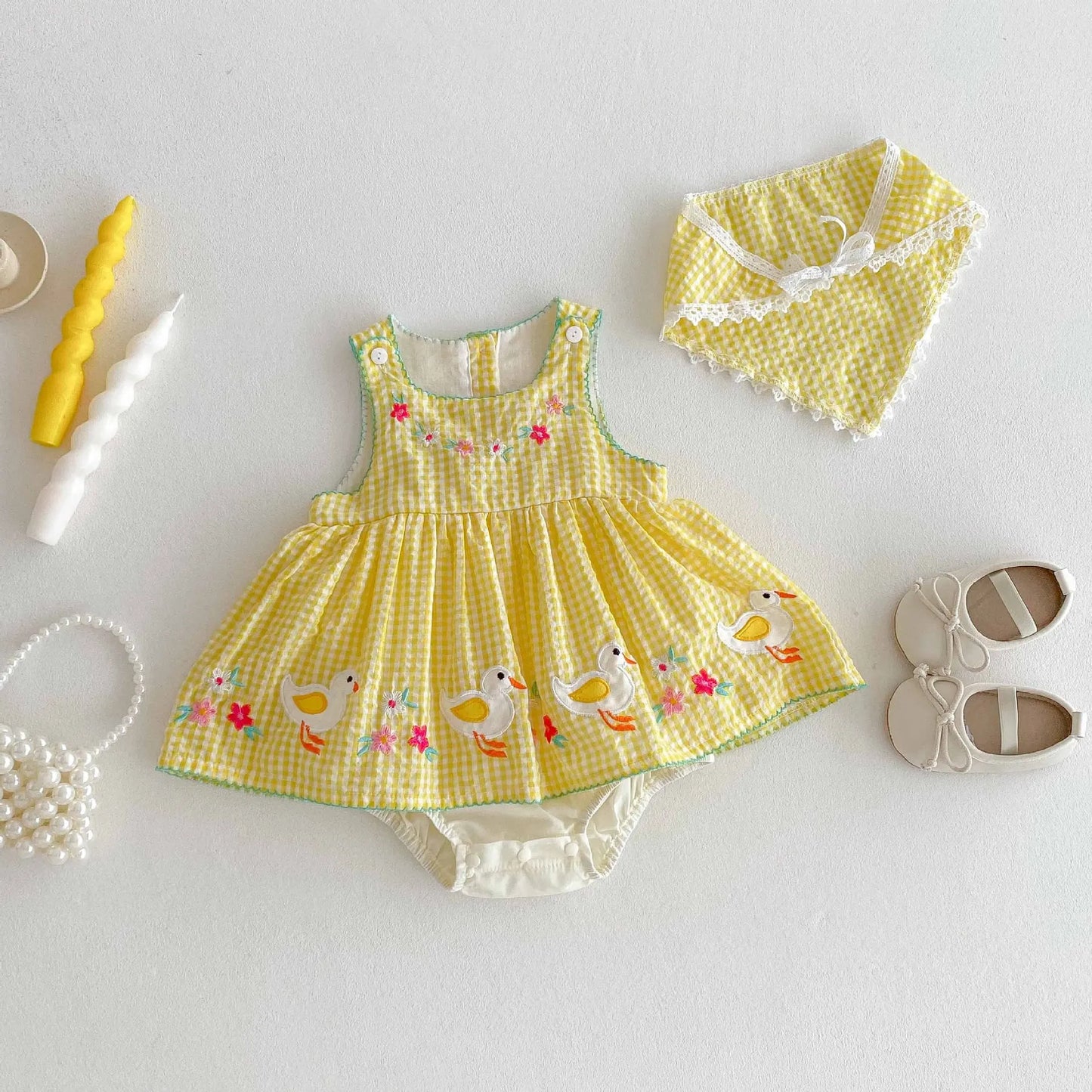 Baby Girl Summer Stylish Sweet Thin Class A Cotton Romper Dress - Cute Cartoon Duck Pattern Yellow Checkered Sleeveless Onesie