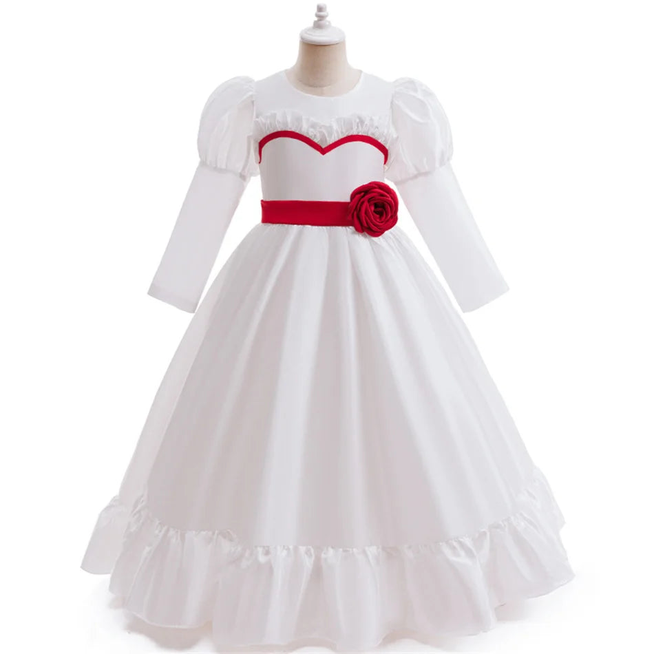 Horror Movie Annabelle Cosplay Costume Girl Long Sleeve Rose Dress For Kid Scary Ghost Role Play Halloween Carnival Party Outfit