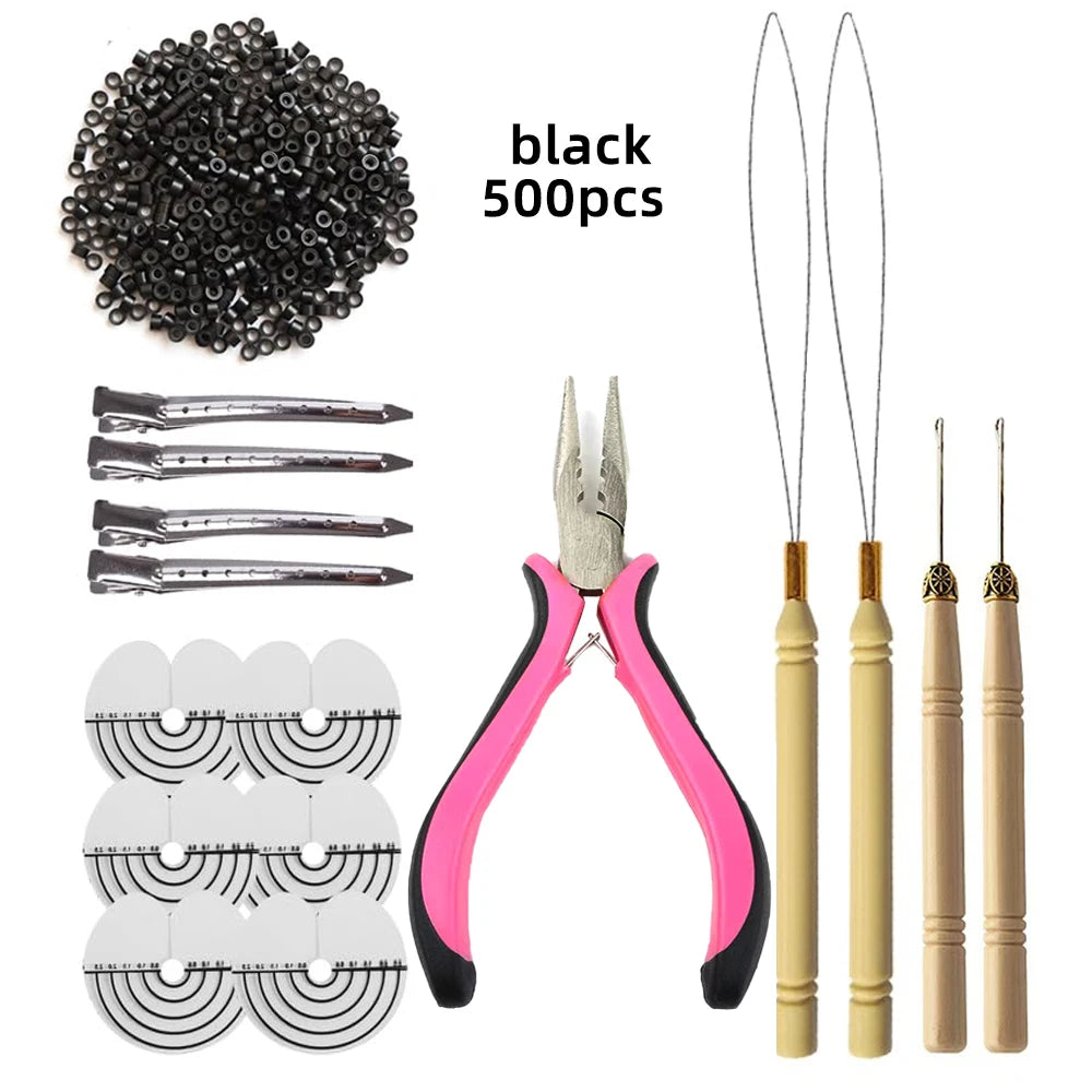 500 Pcs Hair Extensions Tools Kit Silicone Micro Rings with Three-Hole Hair Pliers Pulling Hook Needle Loop Threader