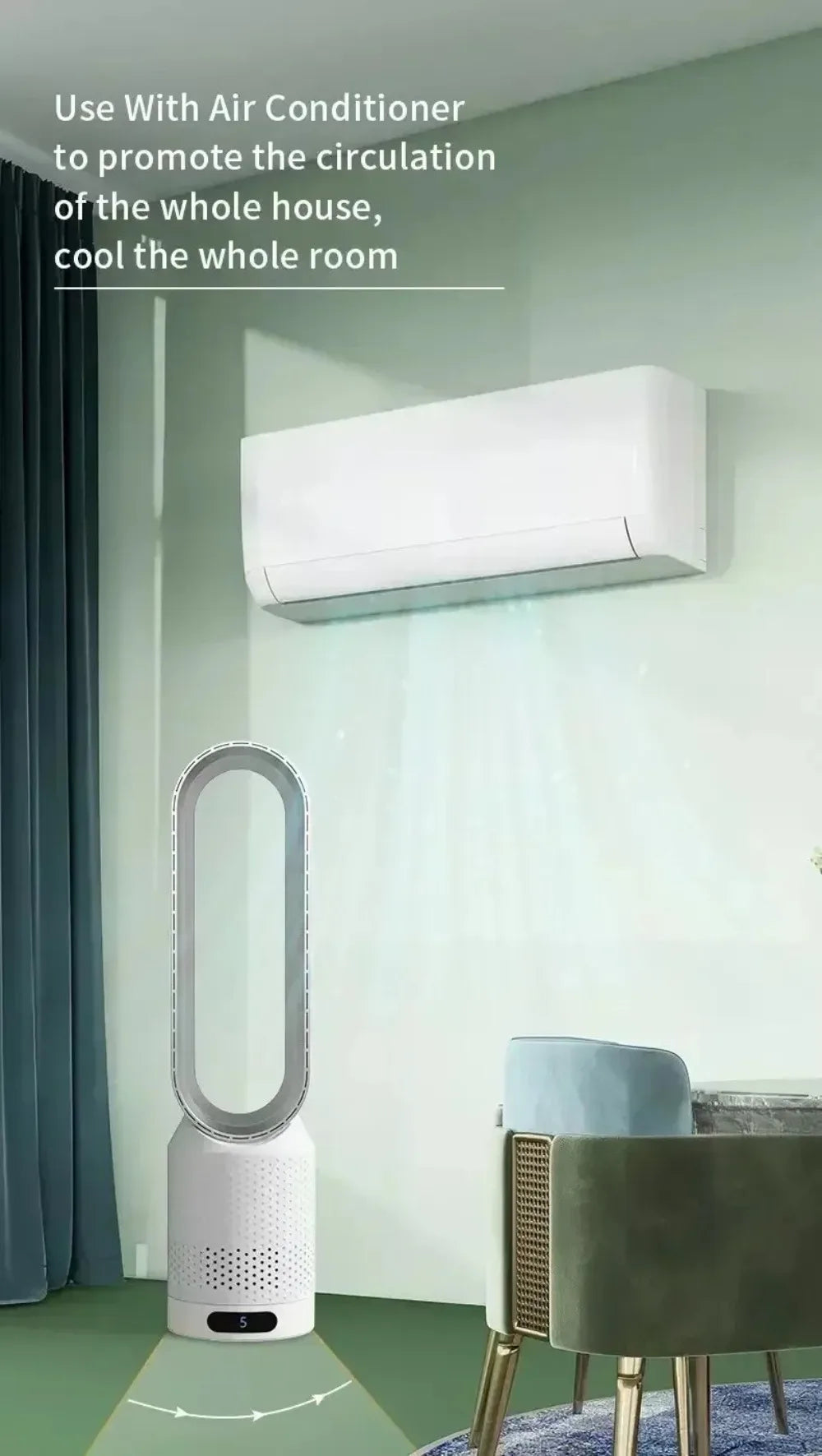 Smart Bladeless Fan 8 Gear Wind Speed Intelligent Timing 90° Shaking Head Remote Control Quiet Desktop Fan for Office Bedroom