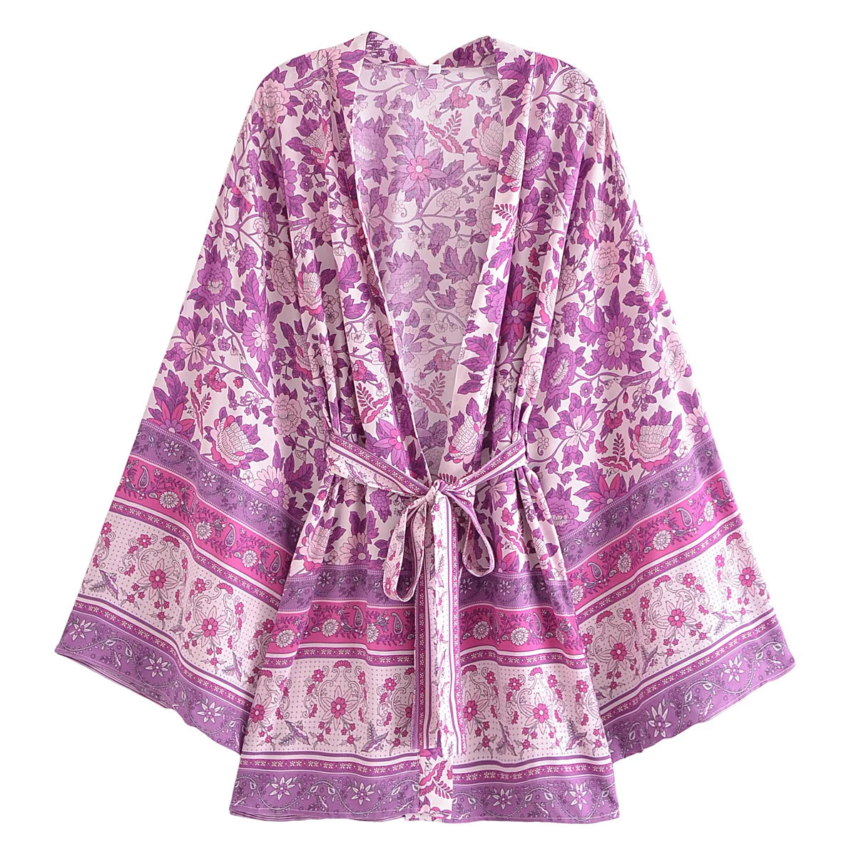 BOHO Women Blue With Pink Flower Print Kimono Shirt Holiday Tide Bow Sashes Mid Long Cardigan Summer Blouse Beach Cape