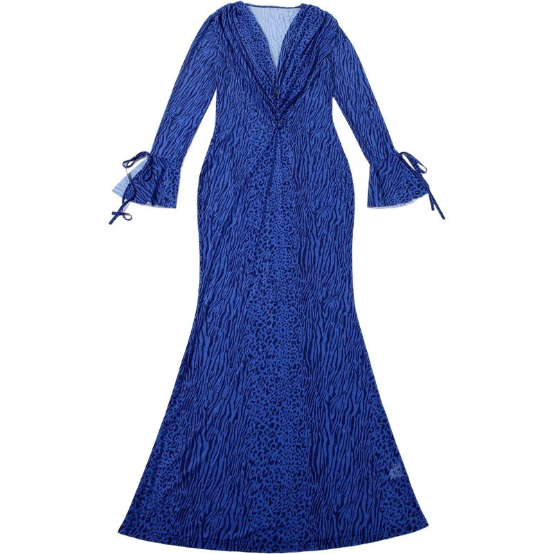 Mozision Deep V Neck Long Sleeve Sexy Maxi Dress Women Gown Elegant Leopard Print Mesh See Through Club Party Long Dresses