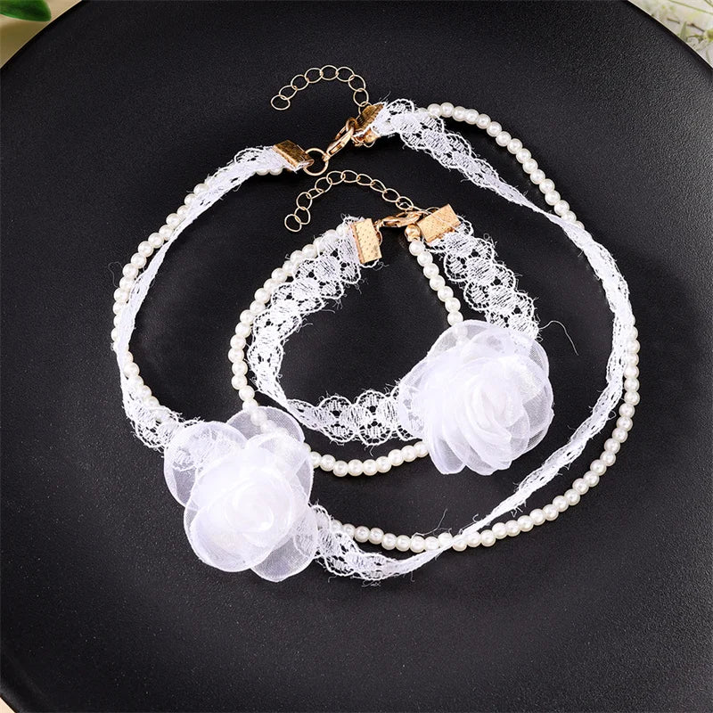 Sexy Pure White Lace Rose Flower Clavicle Chain Necklace for Women Imitation Pearl Choker Bracelet Girls Wedding Jewelry Gift