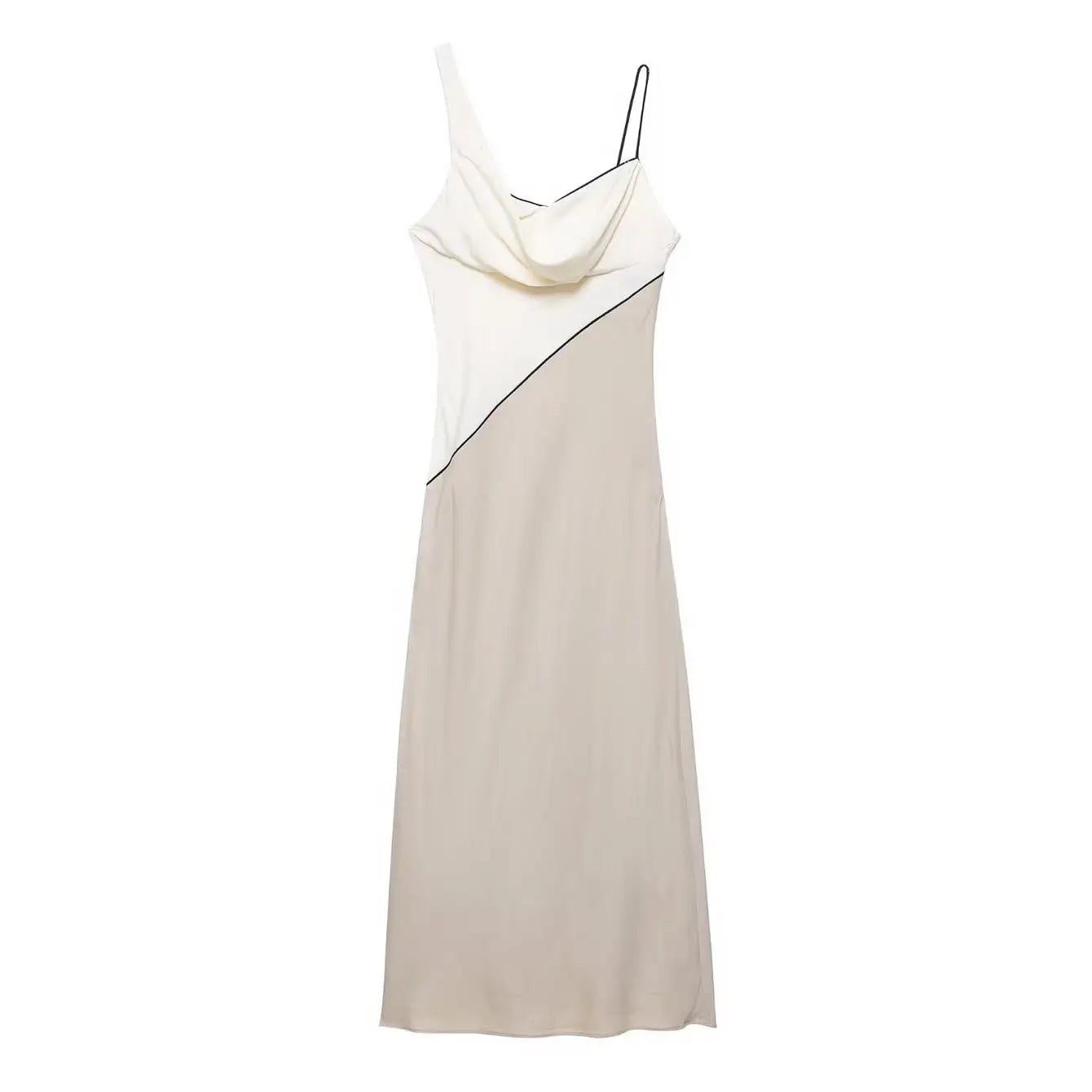 TFMLN Elegant Women Patchwork Slim Strap Dress 2025 Summer Pile Collar Sleeveless Beach Party Dress Sexy Asymmetrical Midi Dress