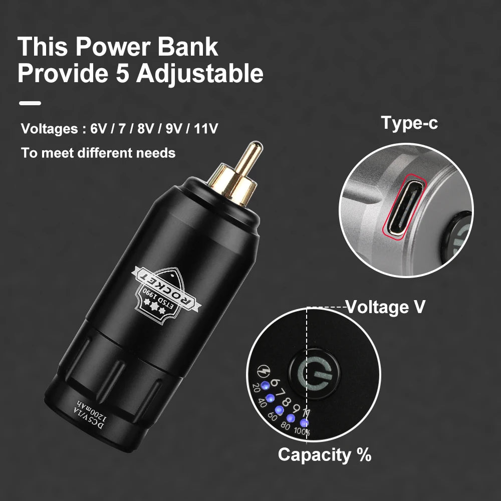 Professional Mini Rocket Wireless Tattoo Power Supply RCA Interface Chargeable Rotary Tattoo Pen Battery Tattoo Machine Supplies