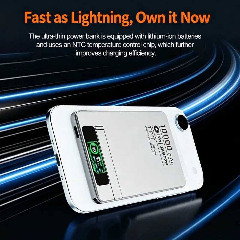 5000/10000mAh Slim and Portable Magnetic Power Bank with Bracket TFT Digital Display Wireless Fast Charging for Phones Watches
