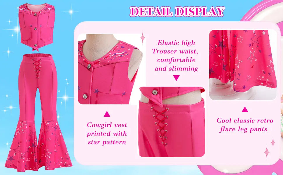 Girls Margot Movie Cospaly Costume Pink Vest Top And Flared Trousers For Kids Barbe Halloween Birthday Party Carnival Outfits