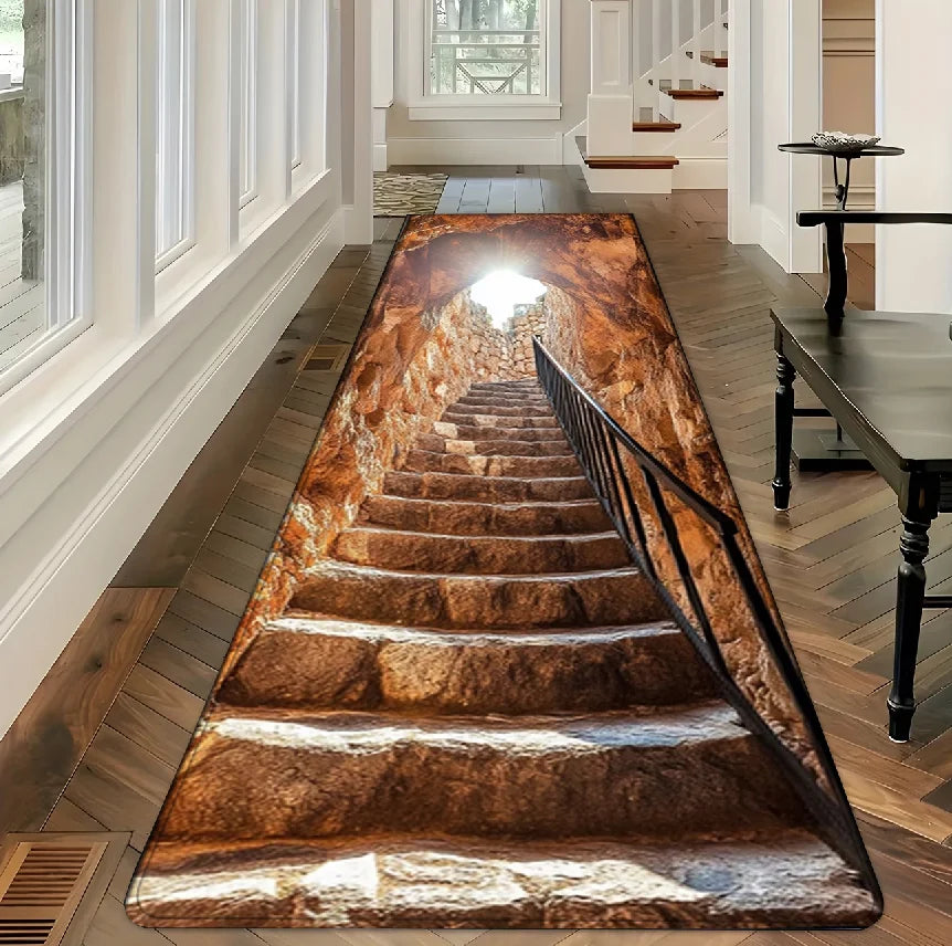 1pc Rug Carpet Mat Non-Slip 3D Stone Stair Cave Runner Rug for Hallway Entryway Bathroom Living Room Bedroom Kitchen Home Decor
