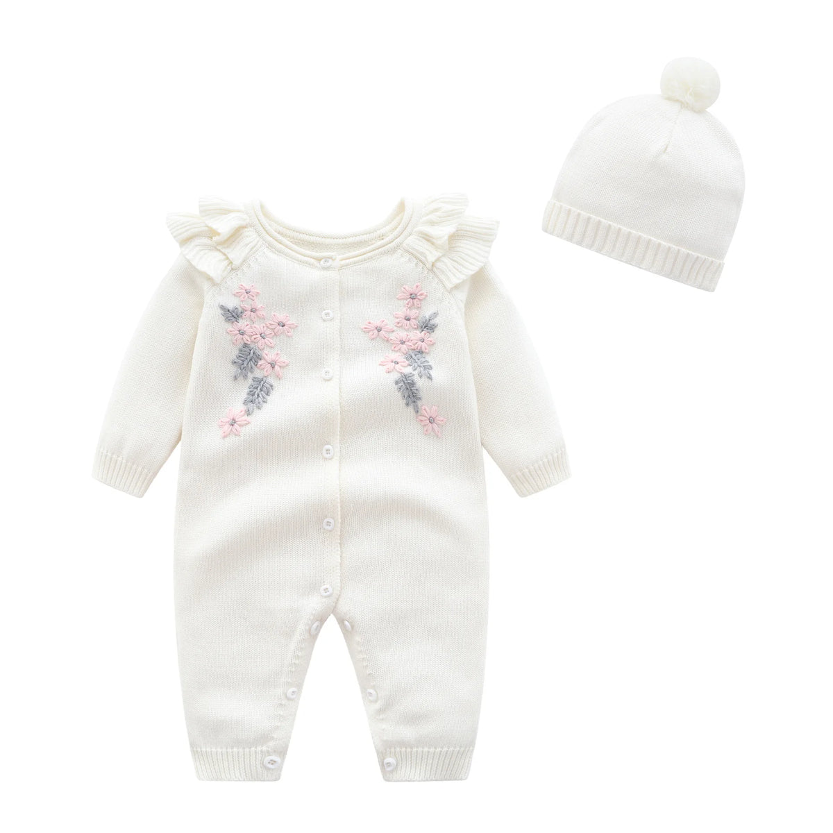 Autumn Winter Toddler Kids Clothes Set Warm Long Sleeve Flower Jumpsuit With Hat For Infant Baby Cute Romper Casual Homewear