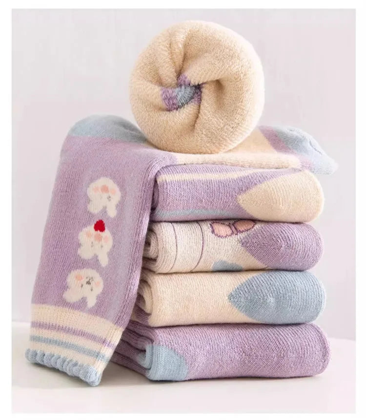 5 pairs of thick socks for girls in winter, medium to large-sized long tube looped socks with fleece added