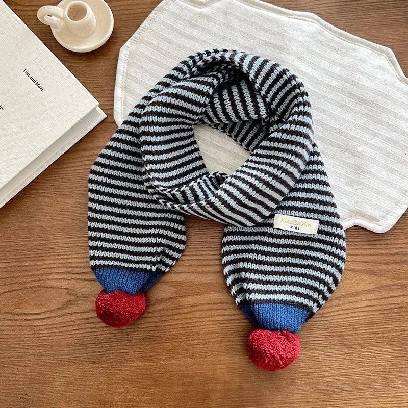 Winter Warm Knitted Kids Scarf Cute Pom Poms Stripe Neck Warmer For Boys Girls Letter Patch Casual Children Scarf