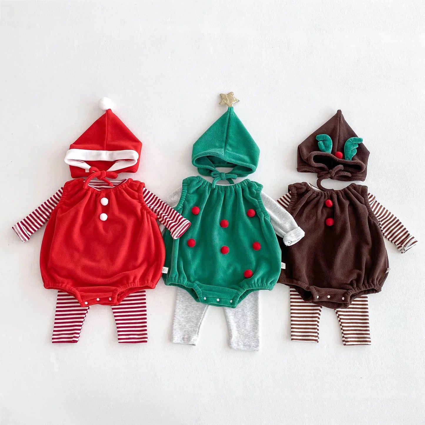 Baby Girl Boy Autumn Winter Christmas Cute Sleeveless Bodysuit Long Sleeve Striped Top Pants Infant Bibs Newborn Clothes B6091