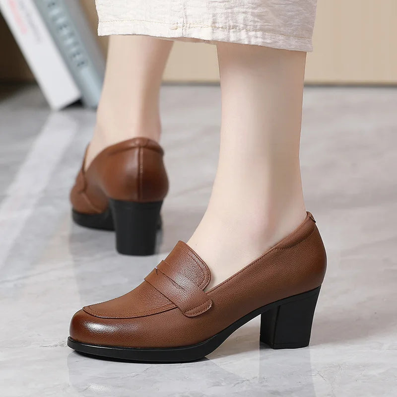 GKTINOO Pumps Women Genuine Cow Leather Round Toe Slip-On Loafers Med Heel Lady Shoes Handmade Women's Work Shoes