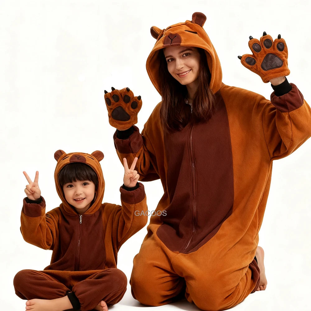 New Children Kigurumi Onesie Boys Girls Flannel Sleepwear Unisex Cypabara Cartoon Pajamas Winter Warm Flannel Hooded Jumspuits