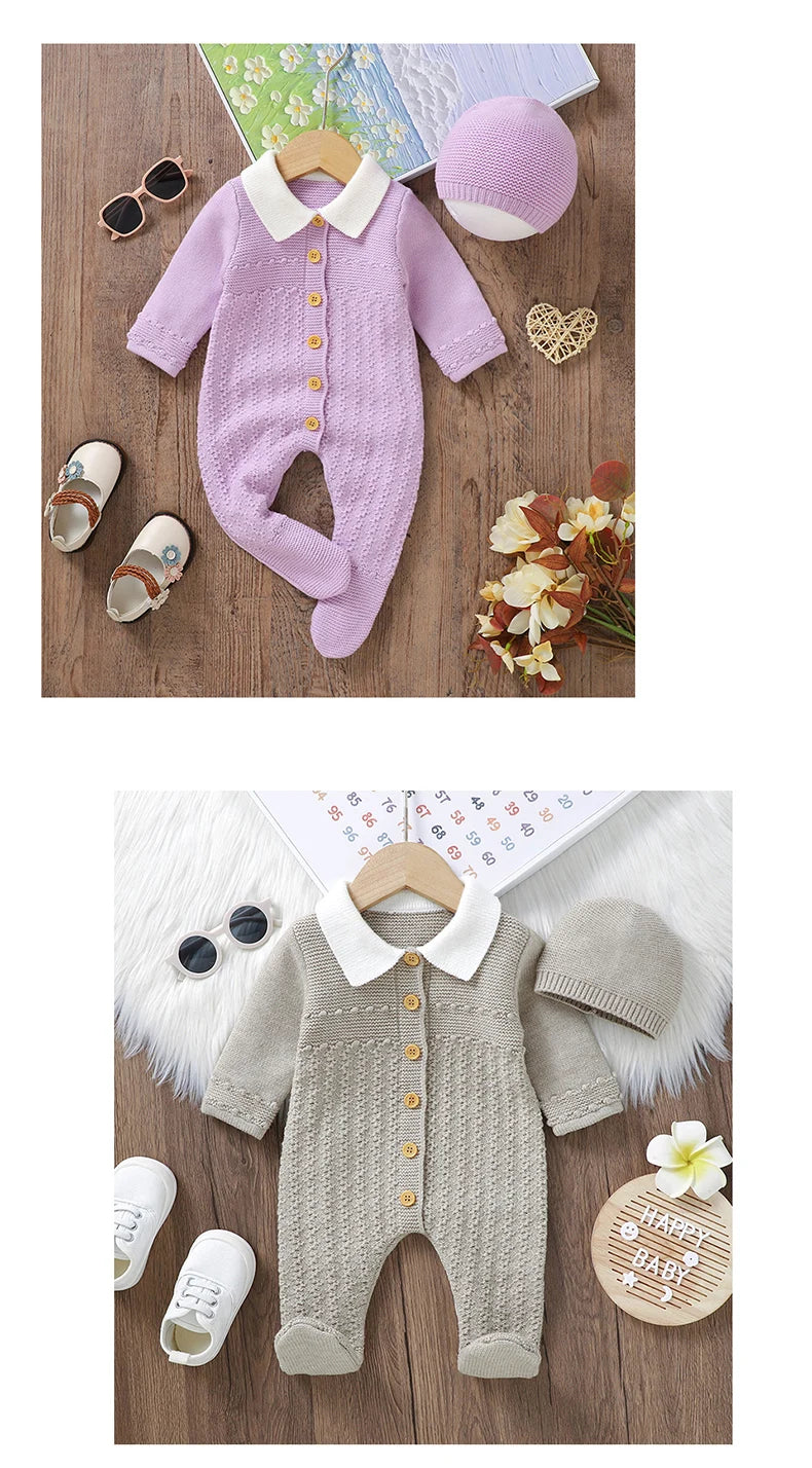 Baby Rompers Set Knit Infant Children Clothes Hat 0-9M Fashion Solid Newborn Girls Jumpsuit Long Sleeve Overalls Pantyhose 2pcs