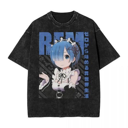 Rezero Rem Re:Life In A Different World From Zero Washed T Shirts Streetwear Hip Hop Vintage T-Shirt Tees for Men Women Harajuku