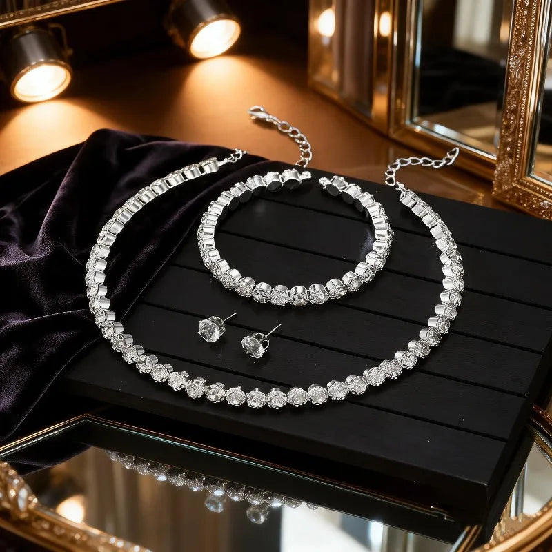 Luxury Round Crystal Jewelry Set for Women Charm Silver Color Bracelet Stud Earring Zircon Chain Necklace Wedding Party Jewelry