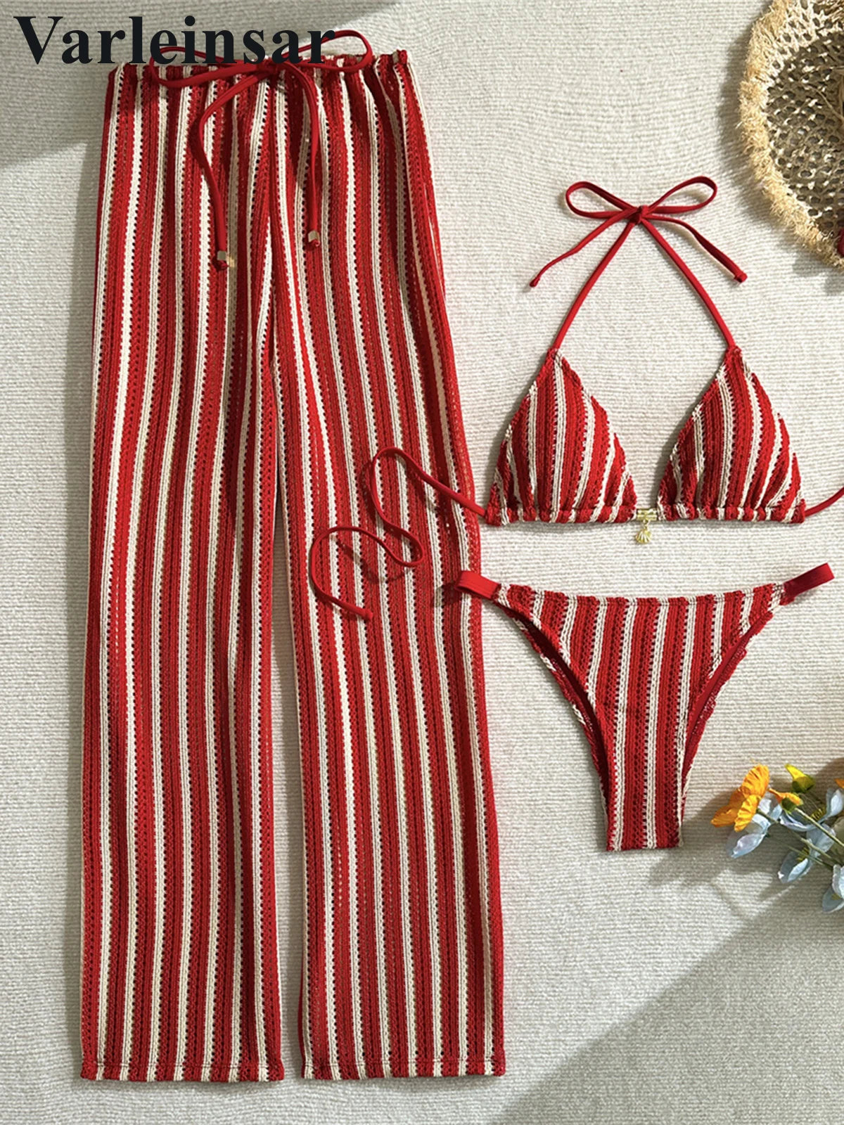 With Pants Striped Halter Bikini Female Swimsuit Women Swimwear Three-Pieces Bikini Set Brazilian Bather Bathing Suit Swim V7838