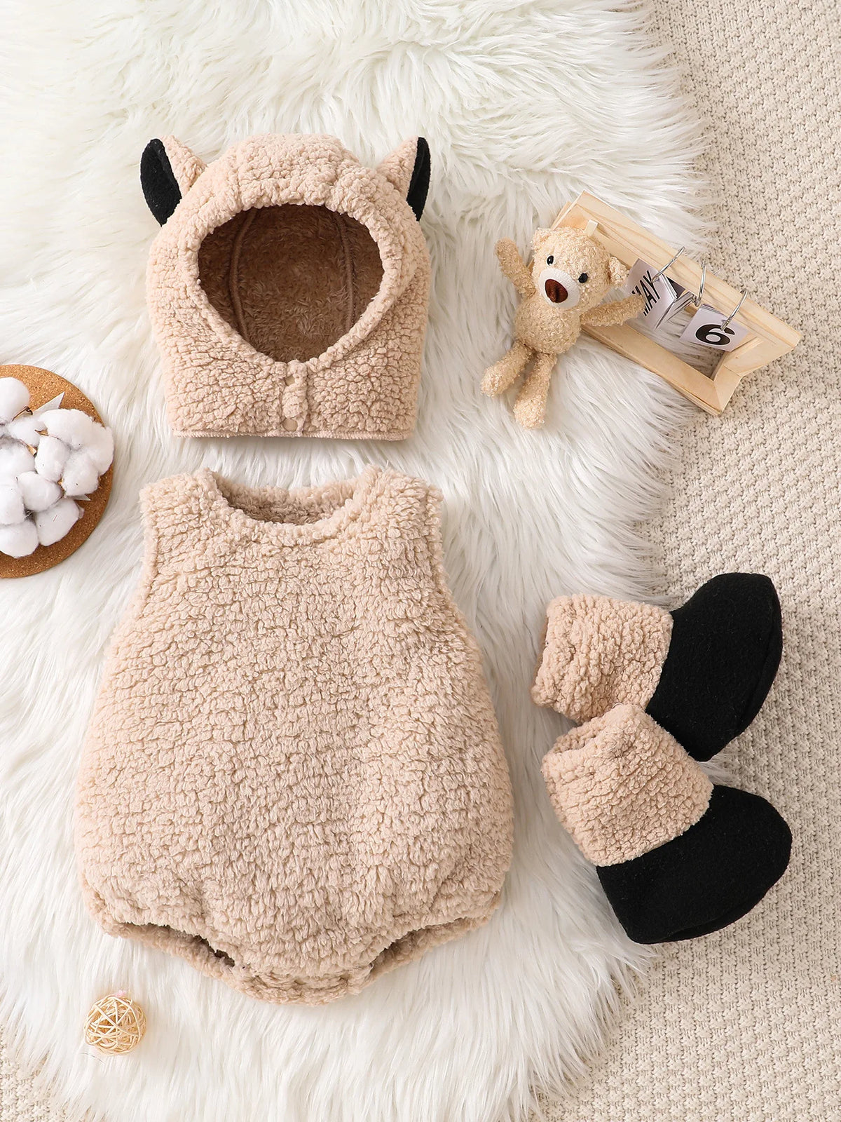Newborn Baby Sherpa Romper Sleeveless Hooded Sheep Horn Bodysuit Cute Animal Onesie Toddler Warm Jumpsuit Winter Playsuit.