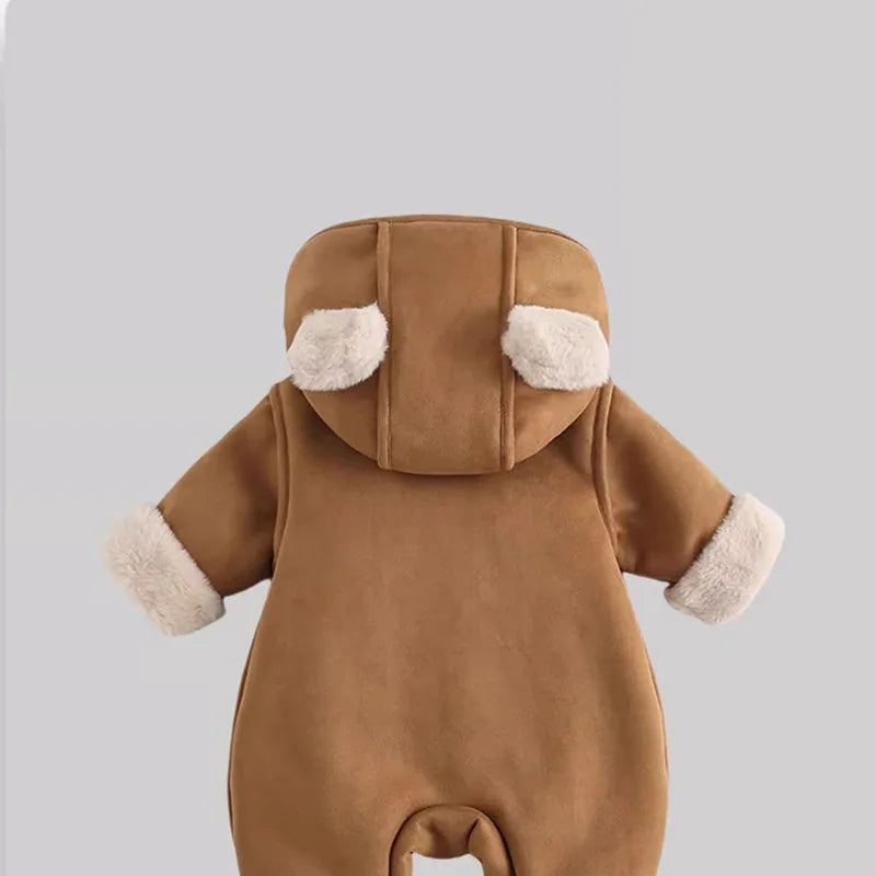 Korean Baby Winter Romper Vintage Thick Sherpa-Lined Hooded Jumpsuit Boys Girls Warm Infant Crawling Suit