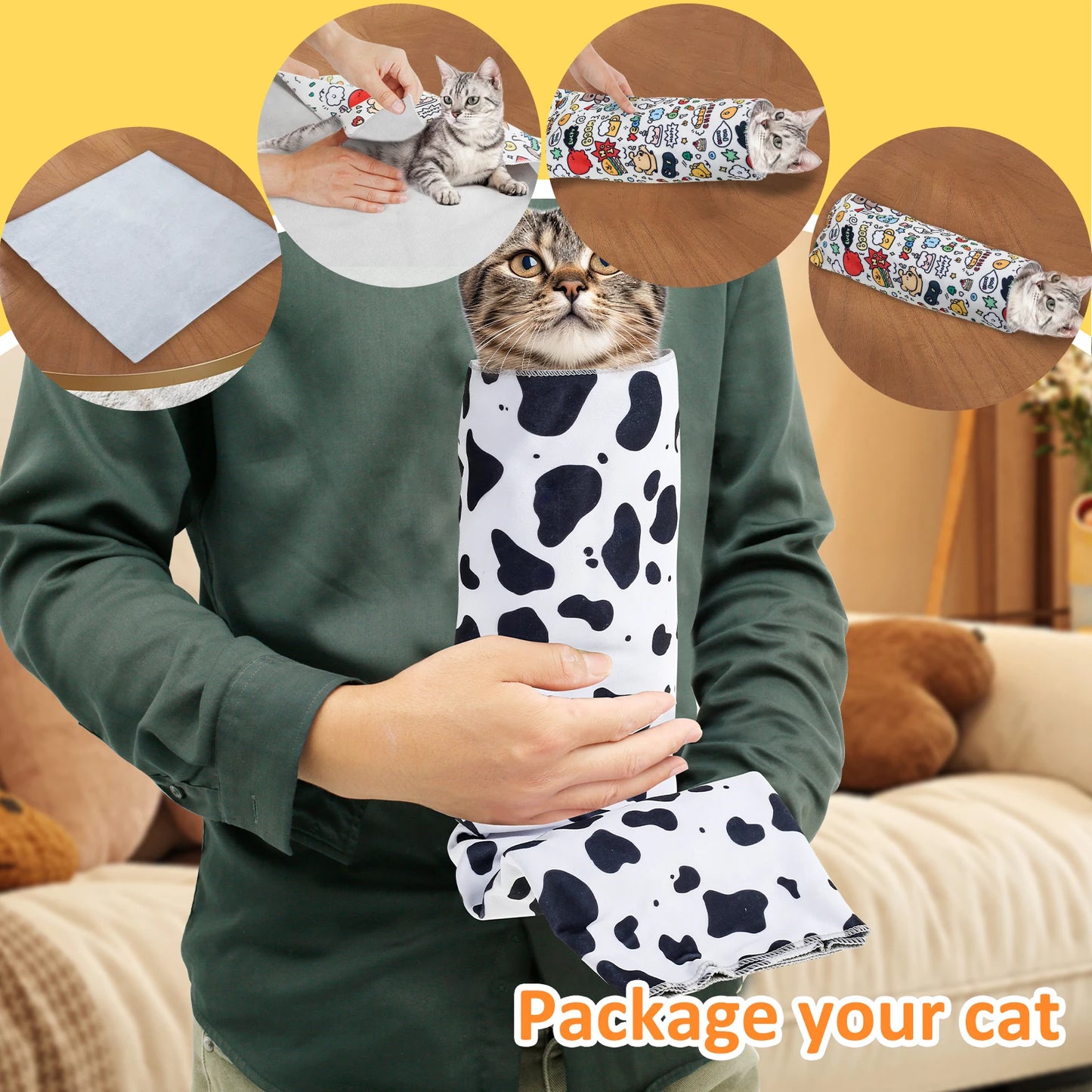 2Pcs Cat Restraint Wrap Nylon Self-Adherent Cat Grooming Wrap With Cartoon Print Anti Escape Anti Scratch Cat Nail Cutting Wrap