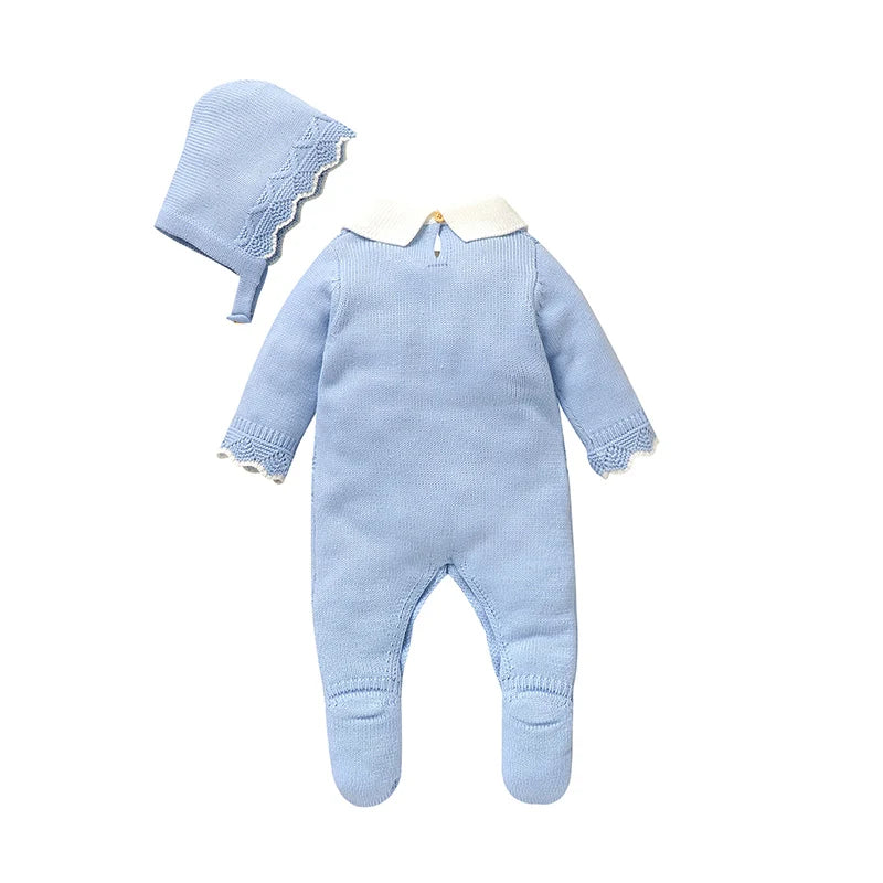 Soft Autumn Winter Baby Girls Rompers + Hat Outfits Multi-colors Available 0-9M Knitted Acrylic Newborn Baby Bodysuit Jumpsuit