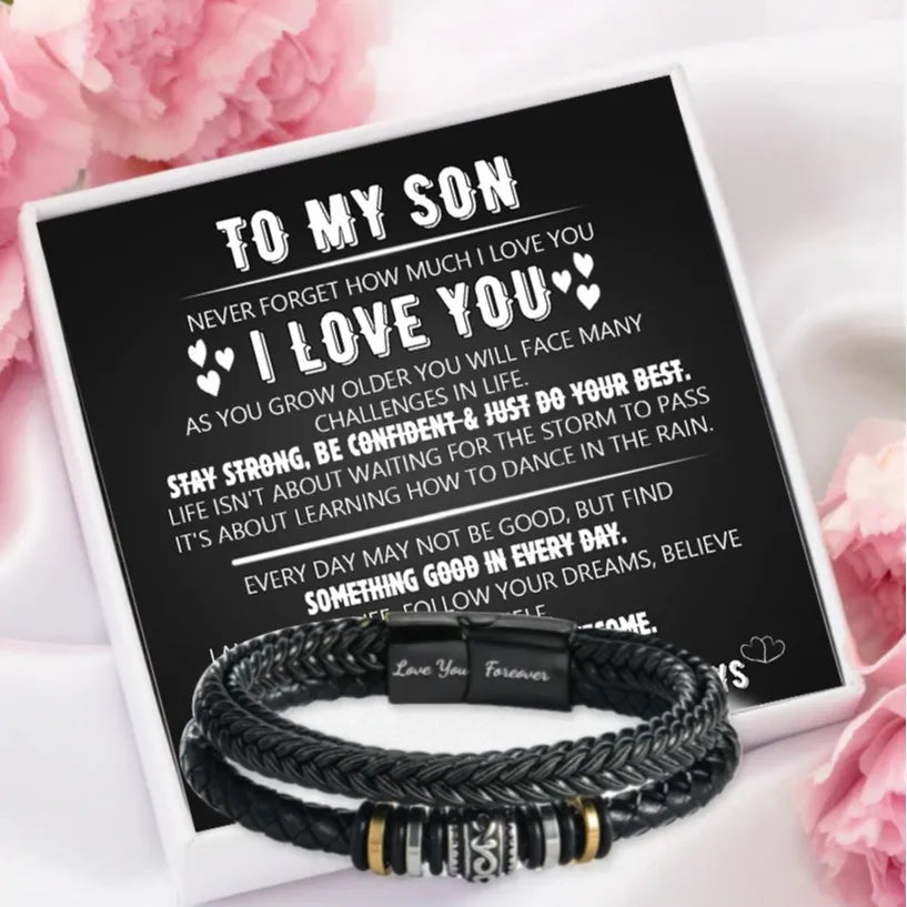 To My Son Bracelet, Stainless Steel Bracelet Son Inspirational Gifts From Mom Dad, Birthday Gifts For Son Message Card Gift Box