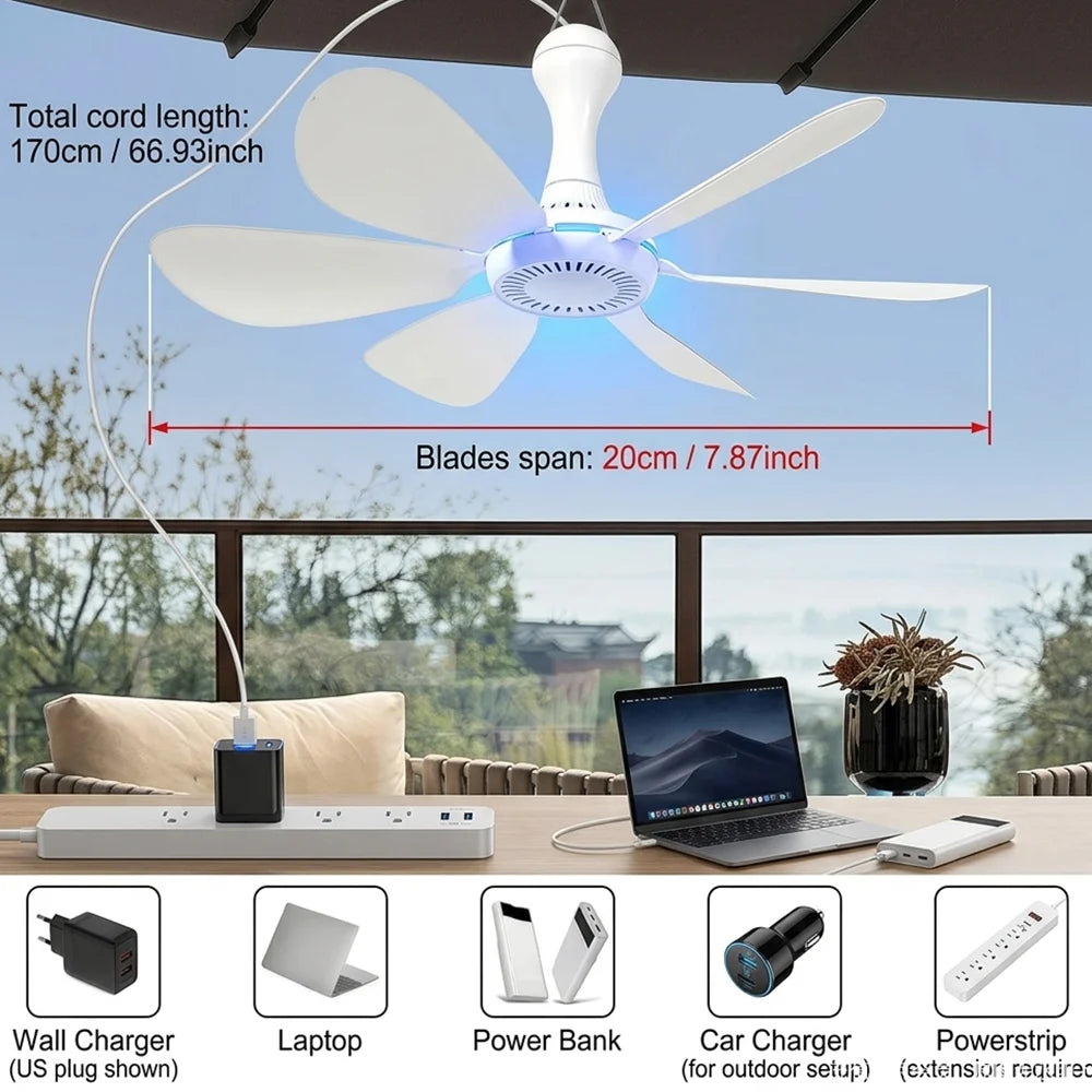 1 Set of USB Mini Quiet Ceiling Fans for Camping, Emergency Portable Outdoor Hanging Fans for Gazebos, Sheds, Dorms, Silent Fans with Extension Cord, White Fan