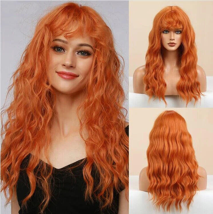 EASIHAIR Long Wavy Synthetic Wigs Natural Ombre Brown Wig with Bangs for Women Daily Cosplay Party Use Heat Resistant Fiber