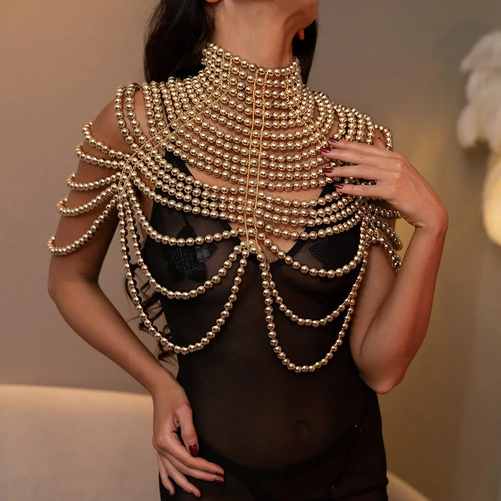 Sexy Pearl Body Chain For Women Necklaces Shawl Female Punk Style Beaded Collar Shoulder Sweater  Long Chain Bridal Body Jewelry
