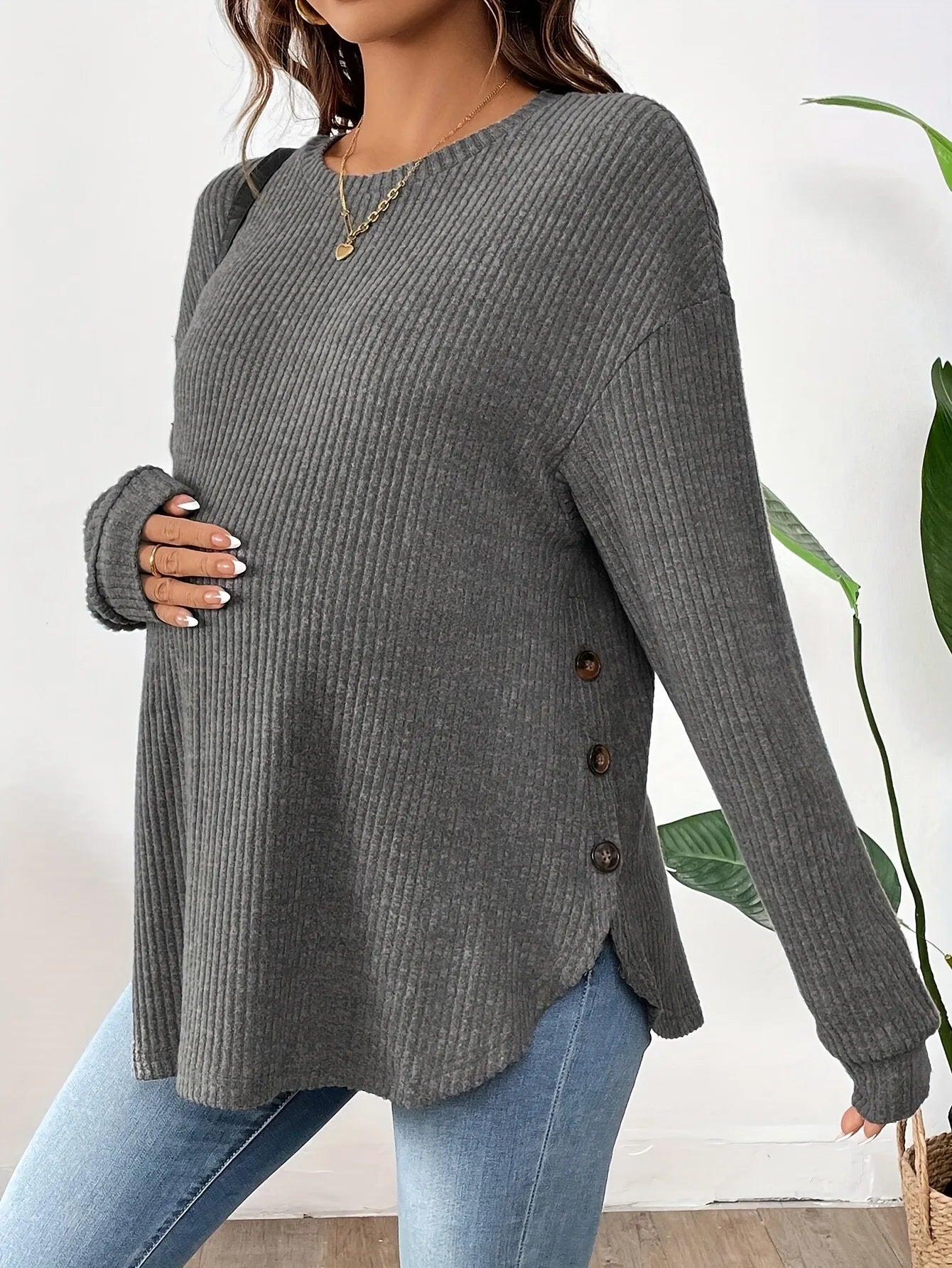 Pregnant Women's New Top For Autumn And Winter Casual Pullover Round Neck Long Sleeved Button Sweater