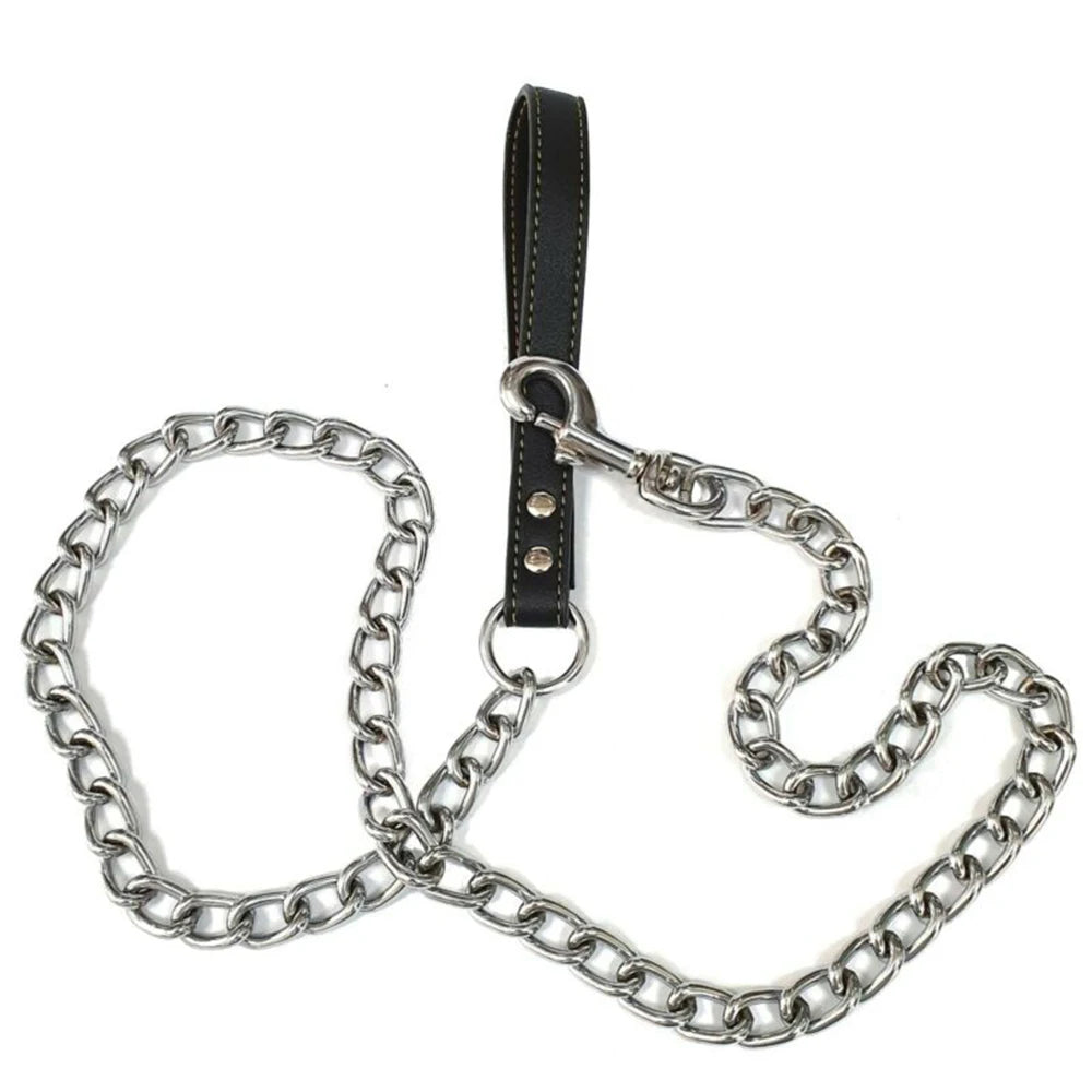 Durable Pet Dog Chain Metal Leash For Small Medium Dog PU Handle Leather Iron Chain Leash Anti-Bite Chain Dog Accessories