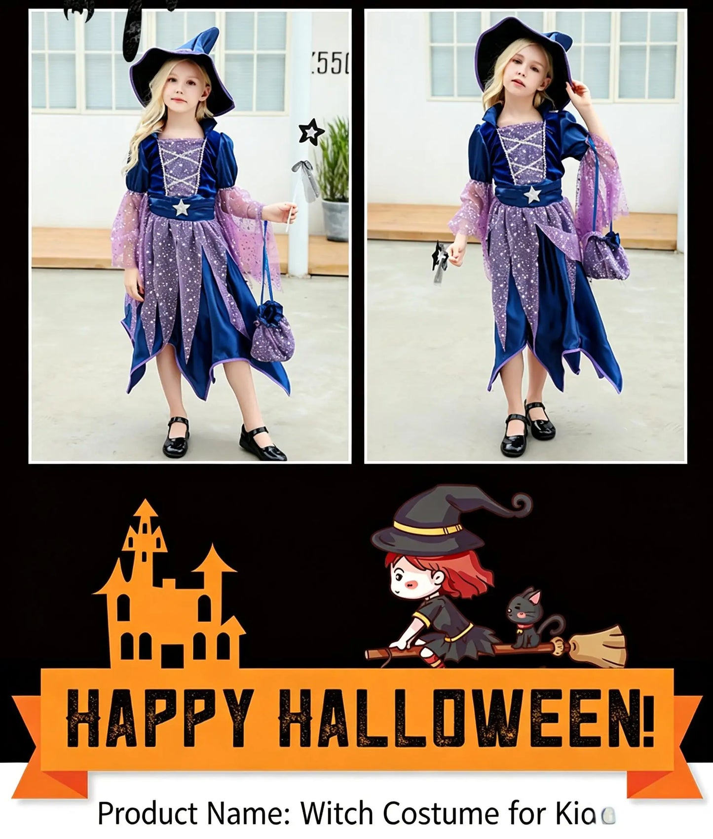 2026 Halloween Blue Witch Costume for Girls with Witch Hat Wand Bag Accessory Set  2-12T Girl Role Play Party Dress Vestidos