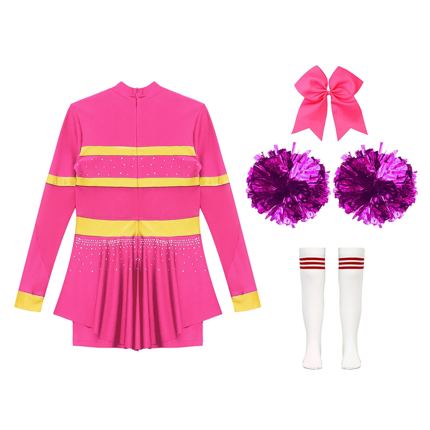 Girls Cheerleader Costume Long Sleeve Cheerleading Uniform Children Cheer Dance Dress Hand Flower Socks Stage Dancewear Sets