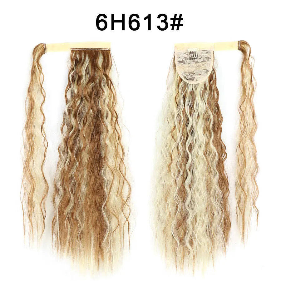 Synthetic Long Corn Wave Ponytail Extension Magic Paste Heat Resistant Wavy Wrap Around Ponytail Black Hairpiece for Women