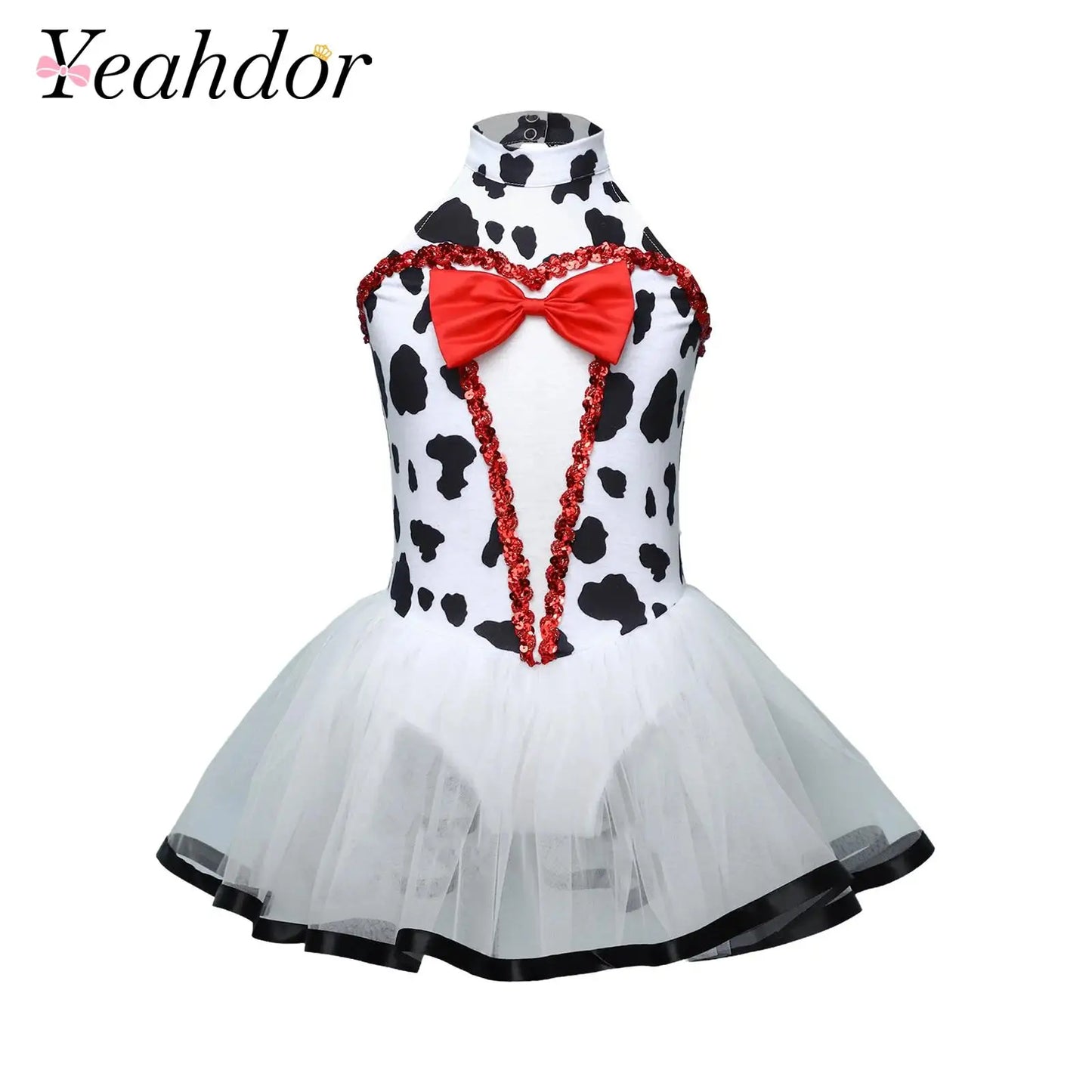 Children Girls Tutu Dress Halloween Theme Party Outfits Spotted Dog Fancy Dress Up Printed Mesh Leotard Dress Dalmatian Costume
