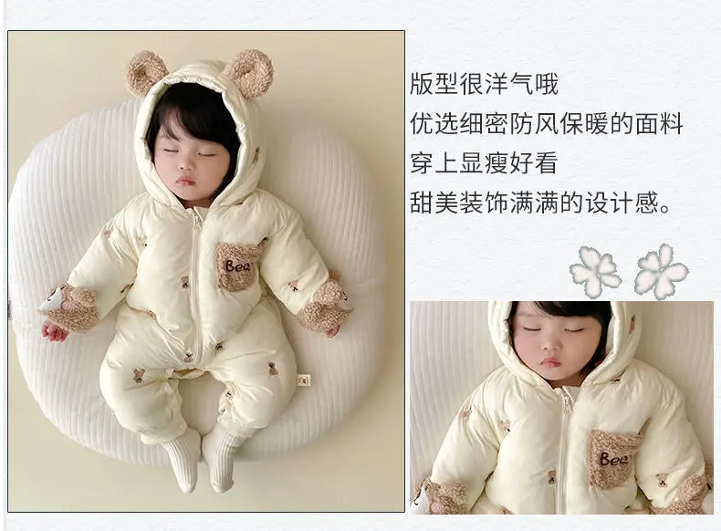 New Winter Thick Keep Warm Boys Girls Rompers Lined With Velvet Cartoon Bear Pattern Hooded Bodysuits For 1-2 Years Old Kids