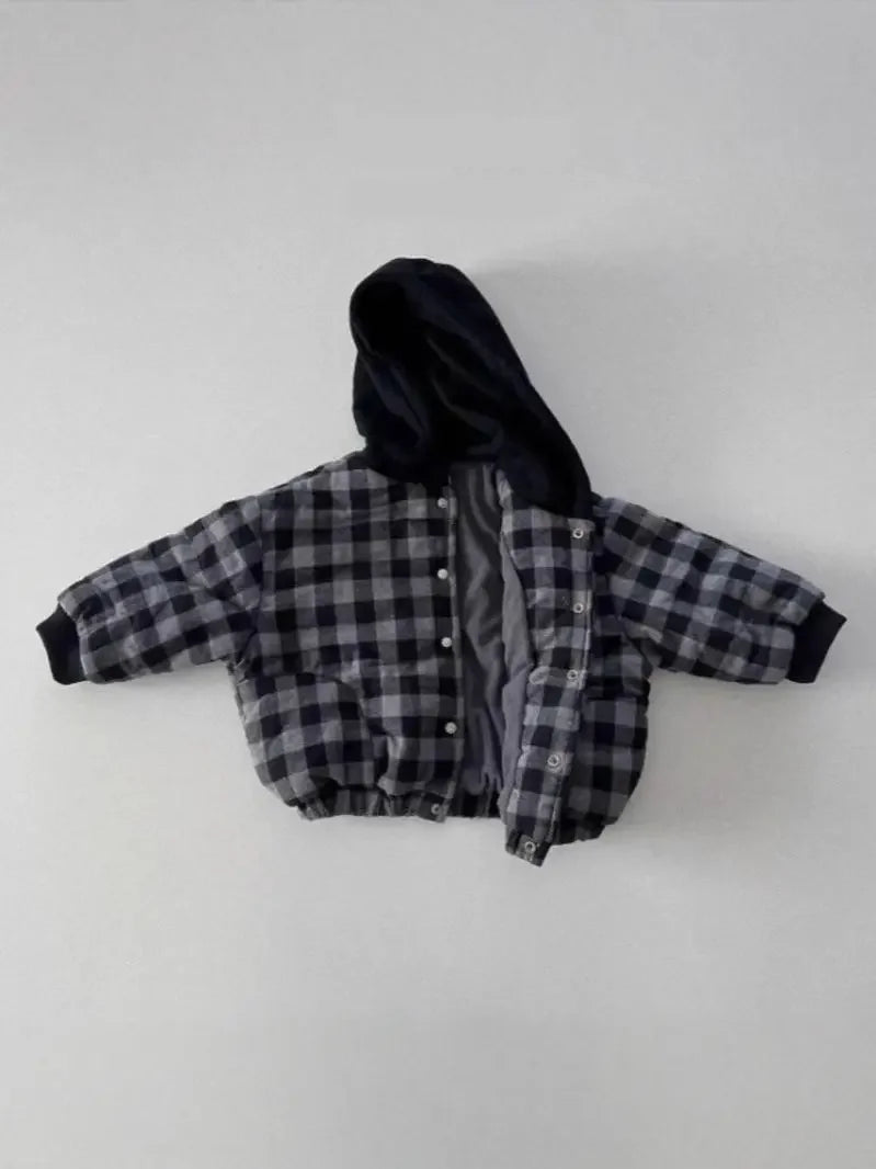 2025 Winter New Baby Warm Plaid Coat Kids Boys Girls Hooded Cotton Padded Jacket Kids Vintage Windproof Tops Children Clothes