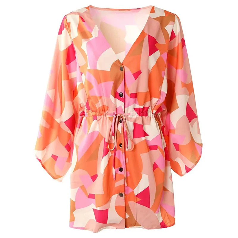 Women Casual Loose Dress Beach Boho Dress Fashion Vintage Print V Neck Drawstring Mini Dress Summer Dresses Robe Femme 2022